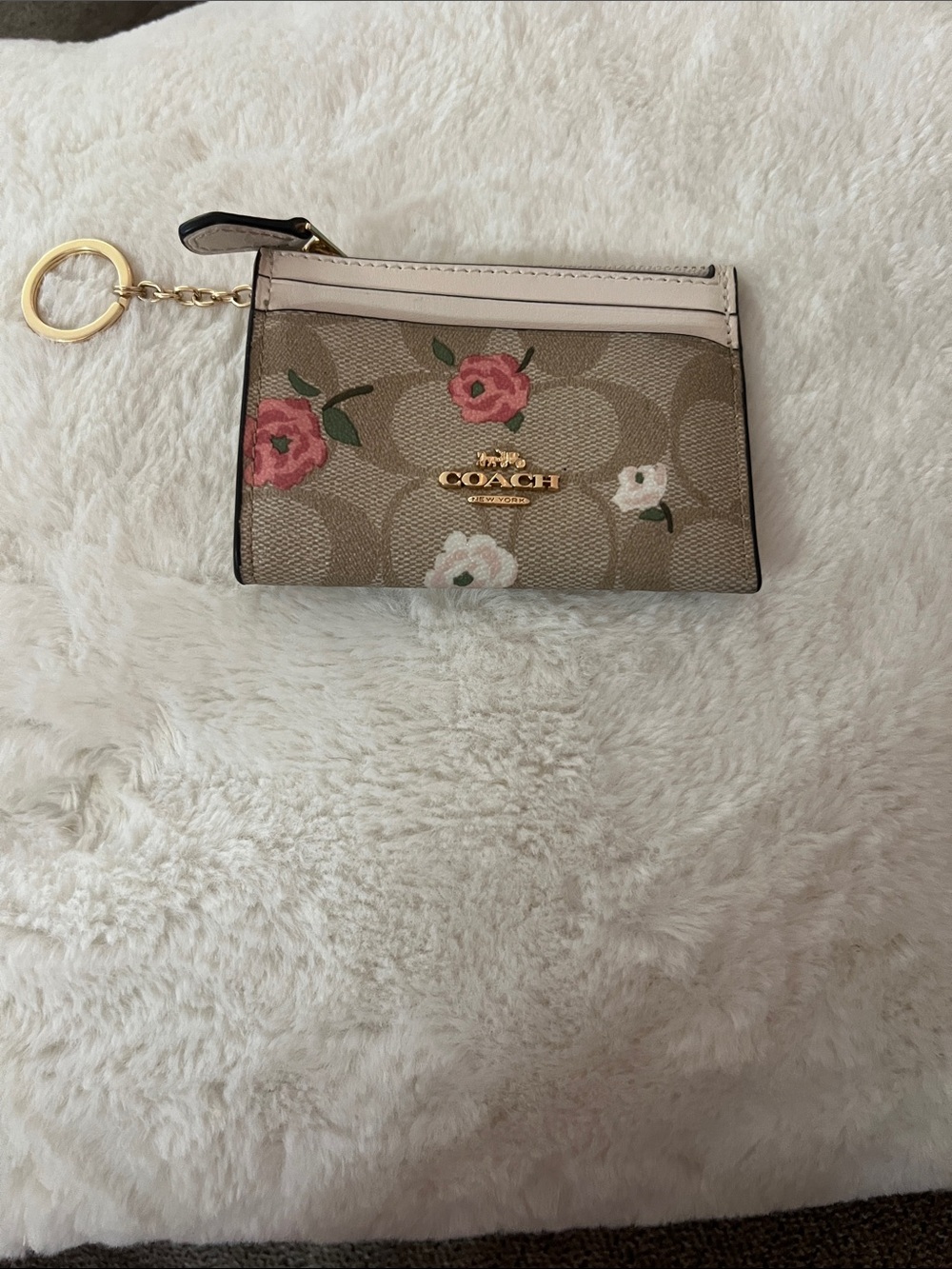NEW Coach Signature Floral Card Case Keyring - Pink & White Flowers